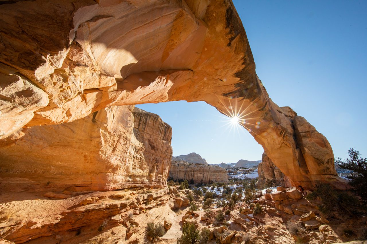 Beautiful sunrise on the red rocks of Hickman Bridge rock formation in Capitol Reef National Park.